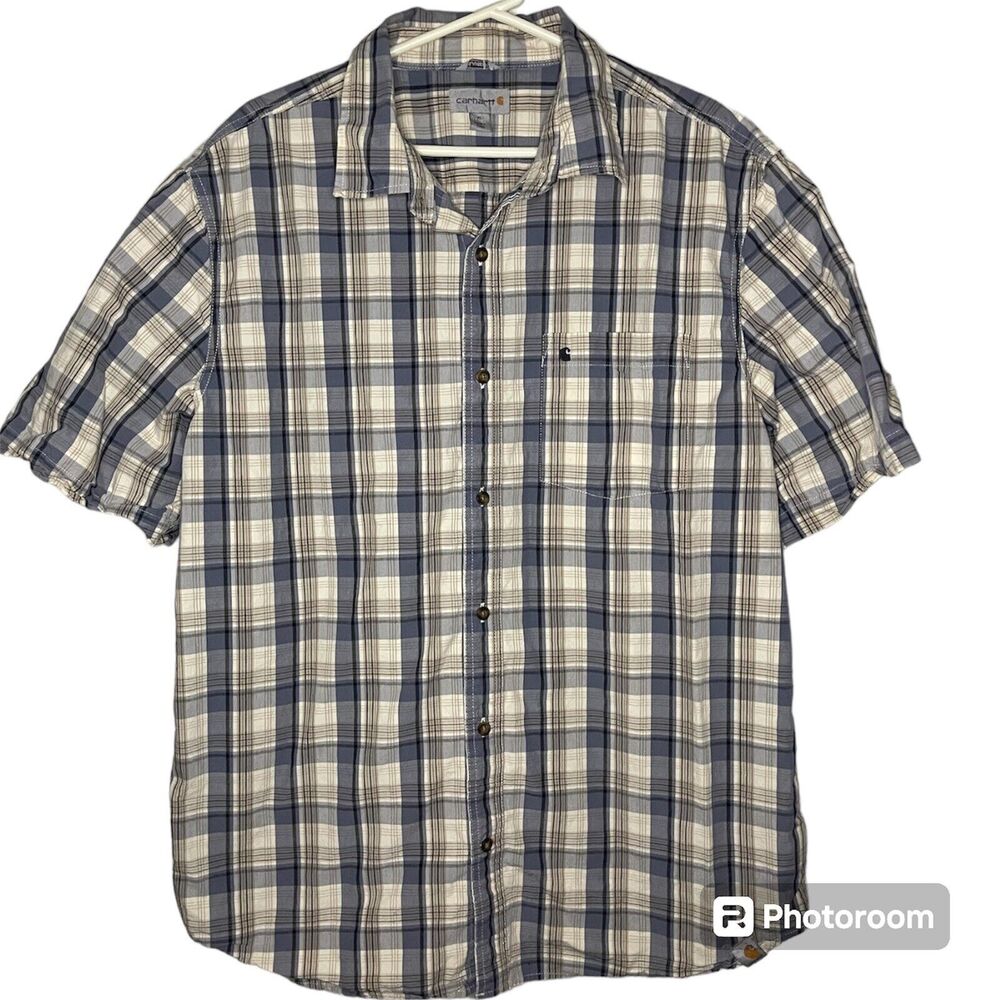 Carhartt Button Up Work Shirt Mens XL Relaxed Fit Plaid Brown Long Sleeve Blue